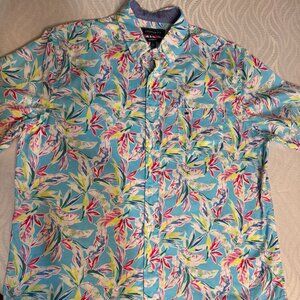 Crown & Ivy Mens Large Blue Bold Print Short Sleeve Button Down Shirt L EUC
